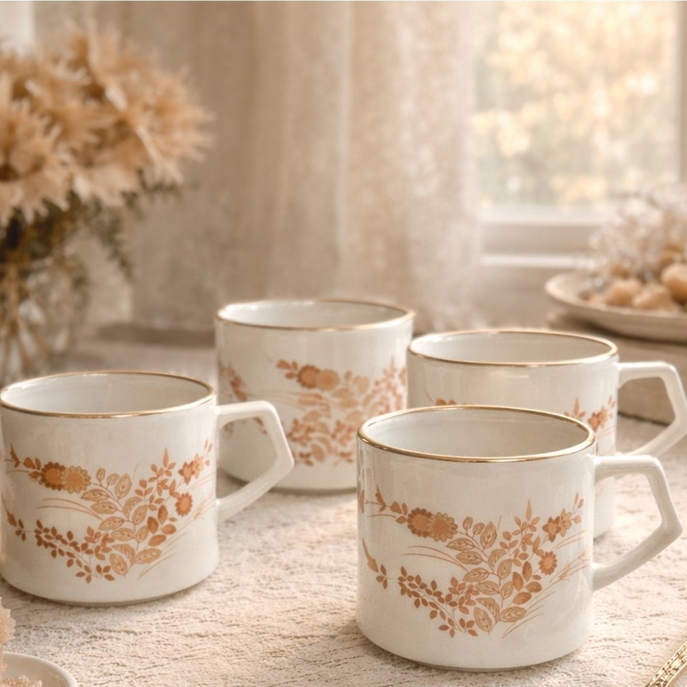 VTG Mikasa Eastwind Bone China Mugs Set 4 Japan Floral Gold Trim 70s Coffee‎ Tea